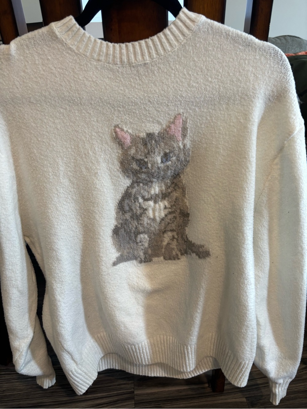 Hollister Cream Knit Sweater with Gray Cat Motif and Pink Ear Details